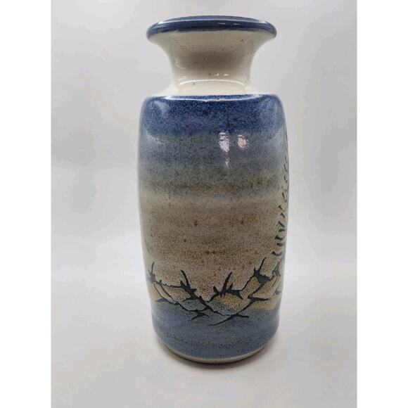 Bill Aitken Art Pottery Vase 7.5in Signed Blue Evergreen Pine Trees Stoneware - Picture 6 of 8